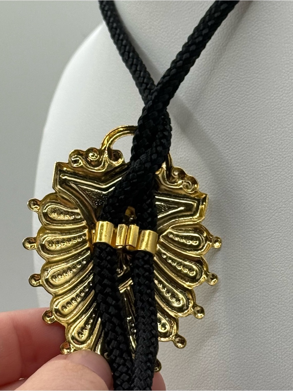 Gold Shield Pendant Bolo Tie Necklace - Black Cord - Picture 6 of 6